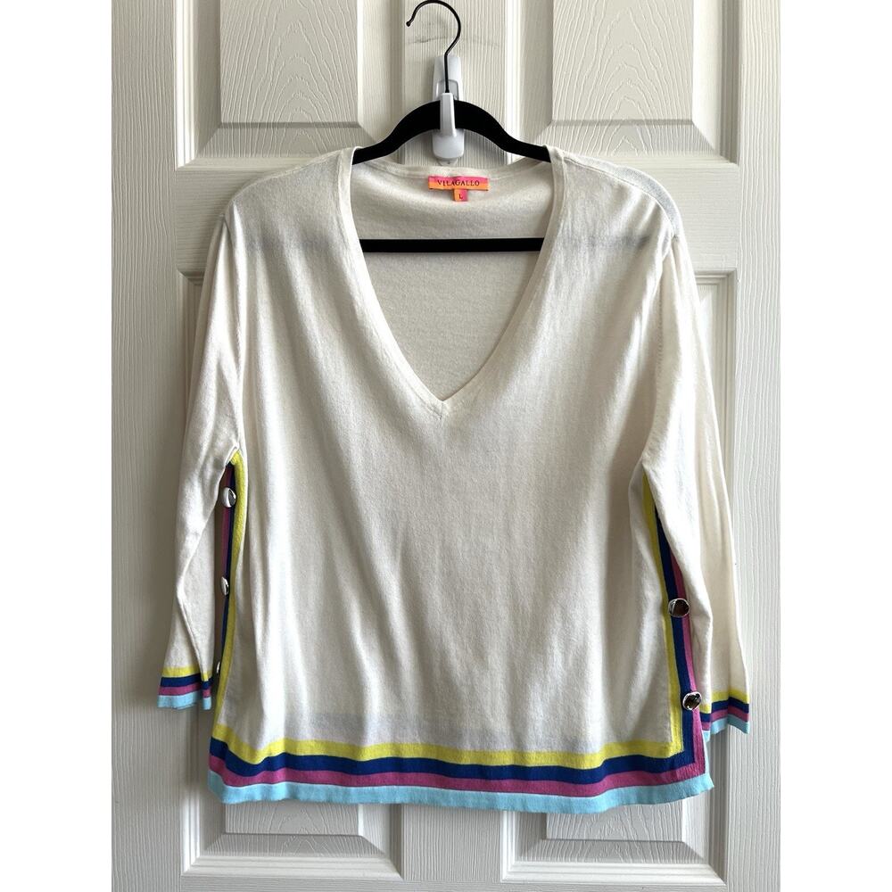 VILAGALLO Anthropologie Cashmere Blend Rainbow Striped V-Neck Pullover Sweater L